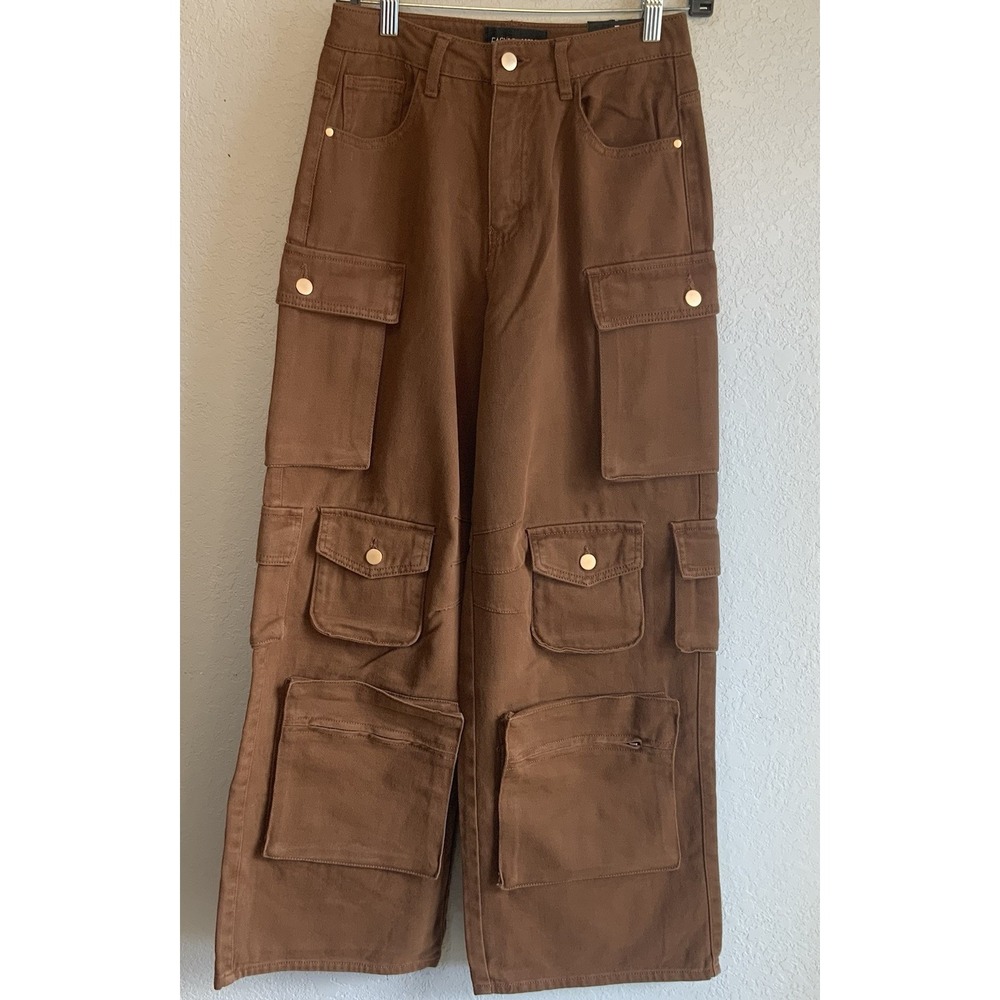 Fashion Nova Lily High Rise Cargo Jeans Brown 5 Oversized Flare Y2K Baggy Skate